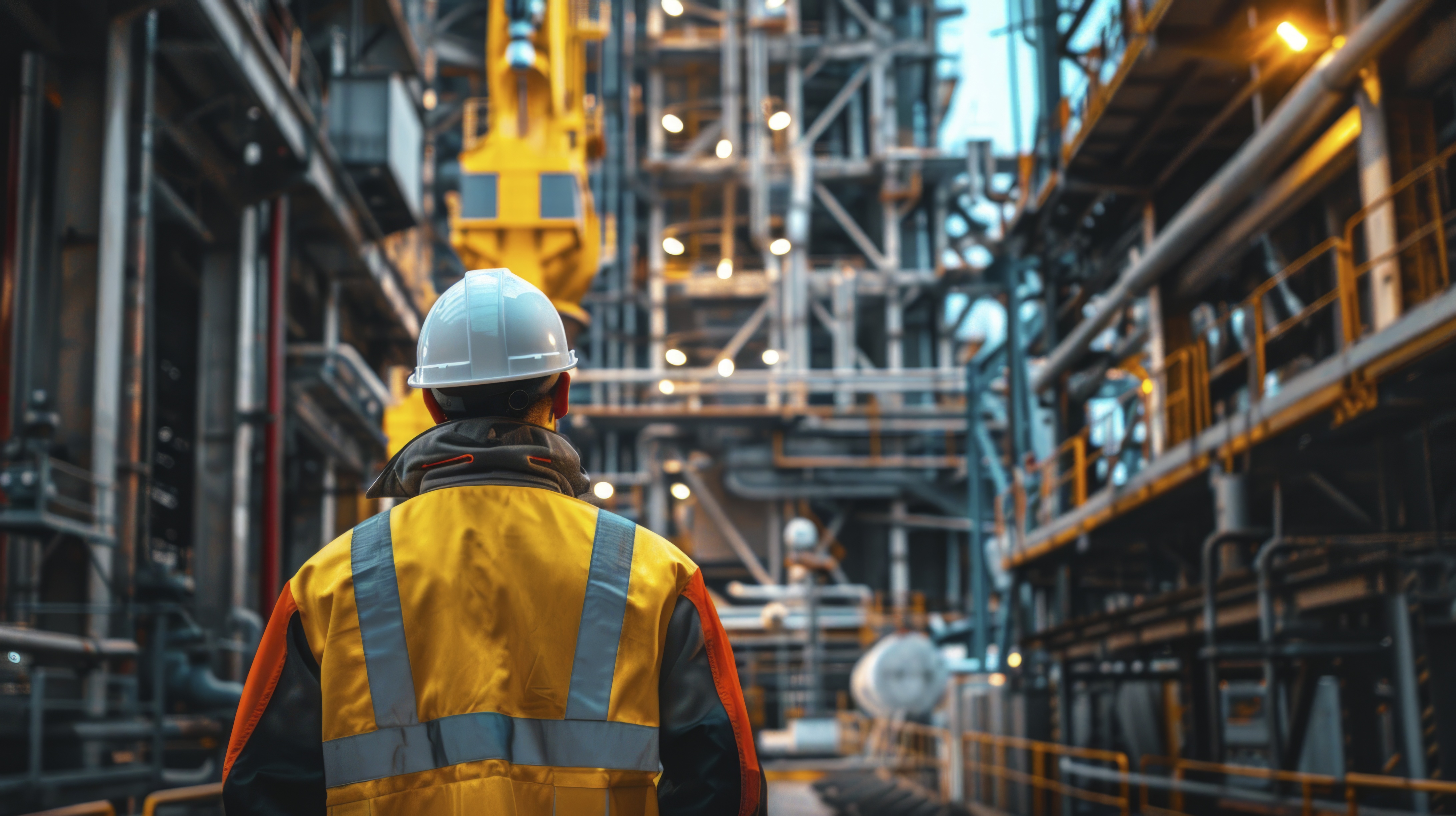 Trabalhador com capacete e colete de segurança em indústria 2026.